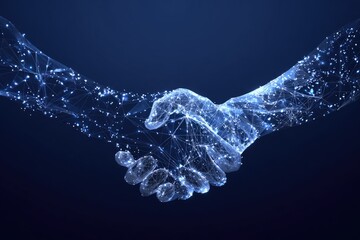Fototapeta premium Abstract handshake, digital art. Two hands in a digital, wireframe style