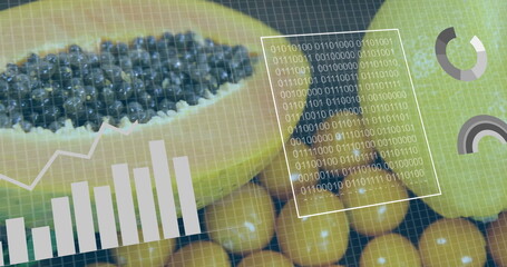 Displaying papaya halves resting on kumquat bed at augmented reality setup, with data visualization