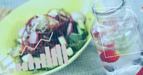 Displaying salad bowl with greens and cheese near infused water jar, under overlay charts and code