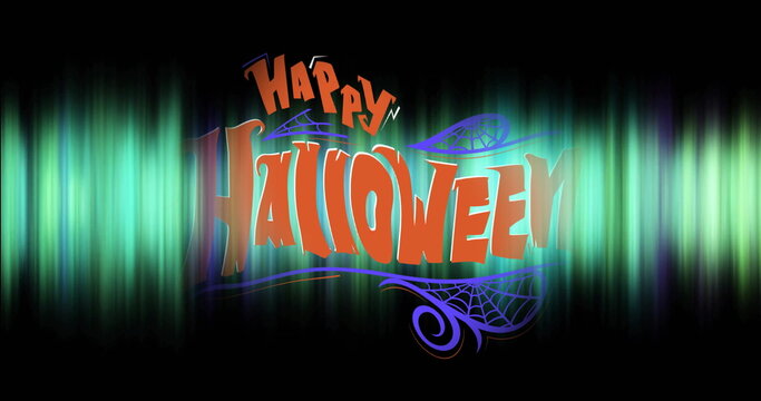 Displaying Happy Halloween greeting in graphic against green-teal bars, featuring purple spiderwebs - Powered by Adobe