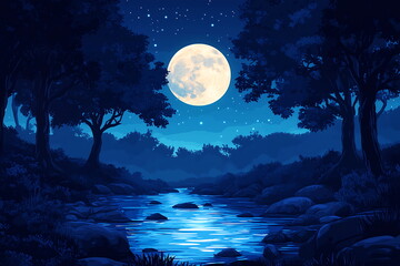 Fototapeta premium Mysterious enchanting landscape, river illuminated by moonlight on full moon. Mysterious trees grow along riverbank, mystical atmosphere. Background, banner or backdrop for Halloween, enigmatic themes