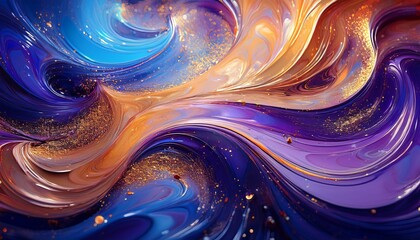 abstract swirls of vibrant purple blue and orange hues with shimmering specks creating a dreamy liquid like texture