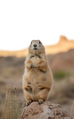 A curious prairie dog stands alertly on a rocky outcrop under a bright sky