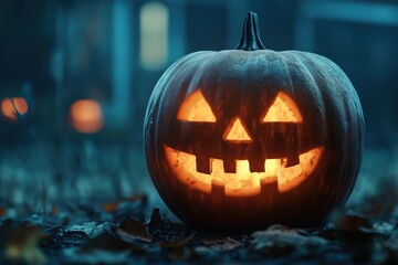 Naklejka premium Glowing carved pumpkin jack-o-lantern with laughing scary face, in darkness, on dry autumn leaves. Mysterious Halloween celebration atmosphere. Template with copy space for banner, greeting card