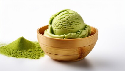 a scoop of creamy matcha green tea ice cream served in a traditional bamboo cup on white background