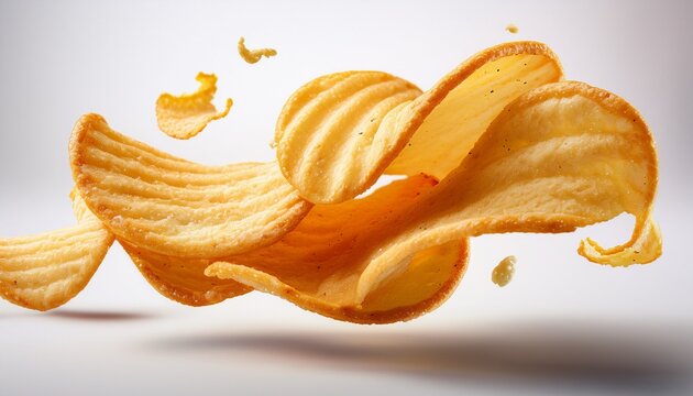 beautifully curled crispy snack shape captured in mid air showcasing texture and depth with a clean white background for food photography - Powered by Adobe
