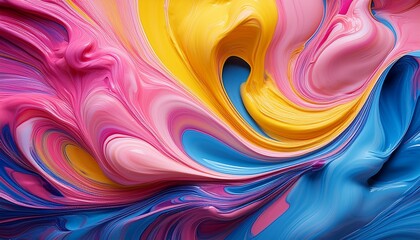 abstract swirls of vibrant pink blue and yellow paint create a dynamic and colorful texture on a smooth surface
