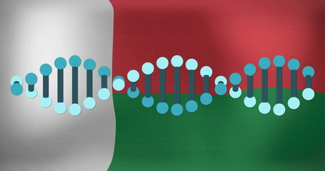 Displaying stylized DNA helix waveforms on abstract canvas, with turquoise nodes and dark blue bars