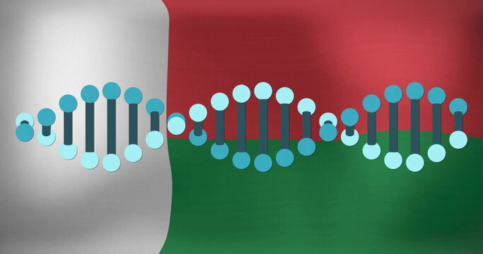 Displaying stylized DNA helix waveforms on abstract canvas, with turquoise nodes and dark blue bars