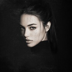 Minimalistic black and white photography of a Caucasian woman with dark hair in a high ponytail, wearing a turtleneck sweater, with water drops on her face, and a grainy film texture effect.