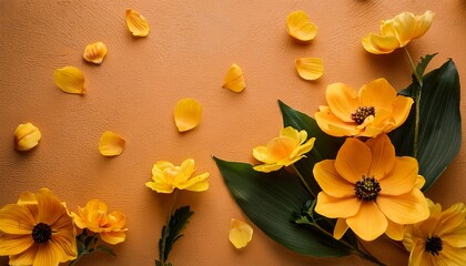 delicate yellow flowers with dark green leaves arranged on a textured soft orange background