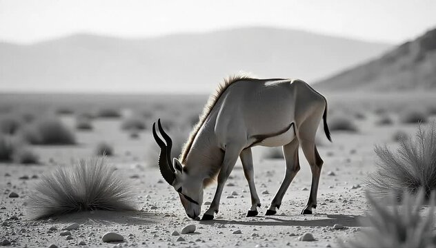 Onager eating dry shrubs in the sand