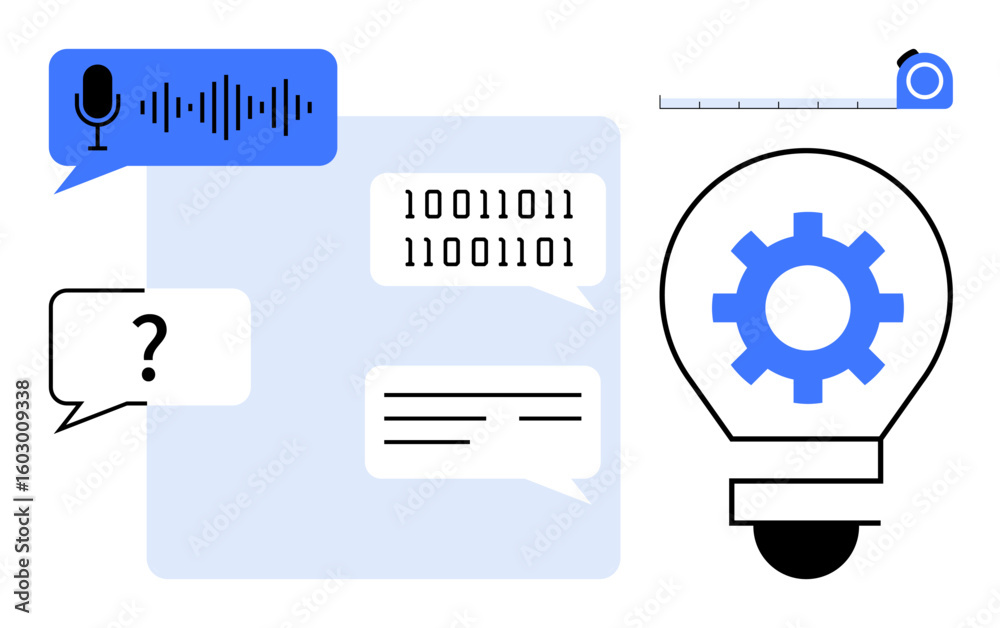 Poster speech bubble with audio wave and mic, binary code, light bulb with gear. ideal for ai, machine lear