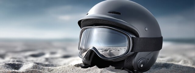 A black helmet with goggles on a sandy beach