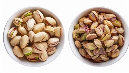 two white bowls with pistachio nuts with shell and without isolated cutout on transparent