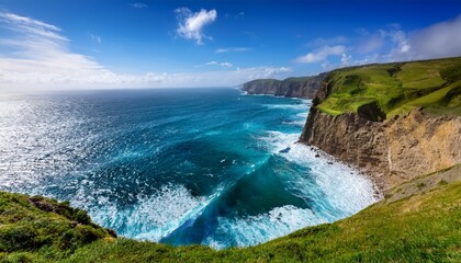 summer coastal cliff view azure ocean crashing waves green hills blue sky