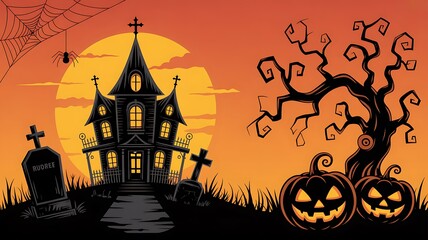 Spooky halloween scene with a haunted mansion gnarled tree glowing pumpkins and a full moon
