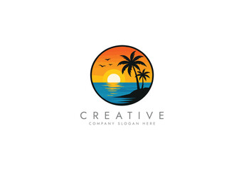 Holiday vacation beach stamp logo Vector, Sunset logotype template design