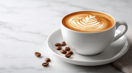 Obraz premium Latte Art in White Cup with Coffee Beans
