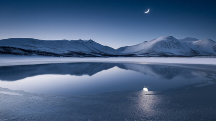 Fototapeta premium Tranquil winter landscape with a frozen lake reflecting snowy mountains under a crescent moon in a serene, starlit sky – exclusive edition