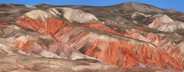 Beautiful valley with red mountains in Khizi. Azerbaijan.