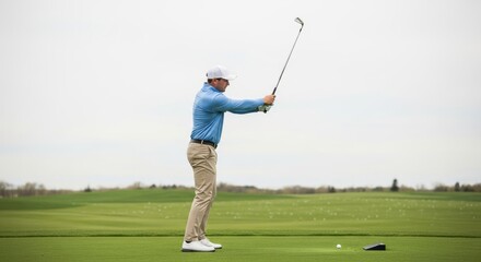 White man in a light blue athletic shirt and khaki pants. At the top of his backswing, club raised high behind shoulders, hips rotated. Golf learning