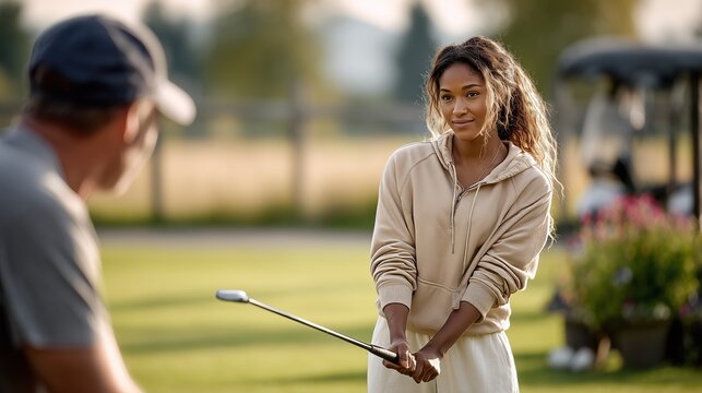 Young Black woman Standing with a golf club held low in both hands, watching an instructor demonstrate a simple movement. Golf learning - Powered by Adobe