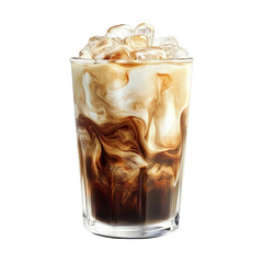 A delicious swirl of creamy coffee and iced caramel, perfectly blended in a clear glass, inviting you to enjoy this refreshing beverage on transparent background.