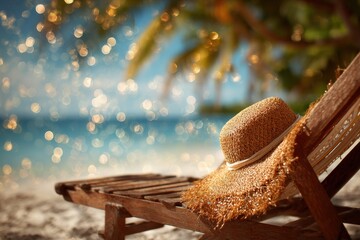 A straw hat rests on a beach chair by the ocean.
