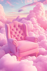 Obraz premium A whimsical pink armchair floating among fluffy pastel clouds at sunset, evoking tranquility