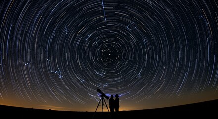 Star Trails Above Silhouetted Figures with Telescope Night Sky Astrophotography.