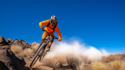 Mountain biker in orange gear rides through dusty terrain, kicking up clouds of dust against a backdrop of blue sky and rugged landscape, showcasing thrilling outdoor adventure