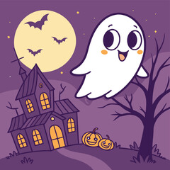 Cute Cartoon Happy Ghost Floating by Haunted House on Halloween Night