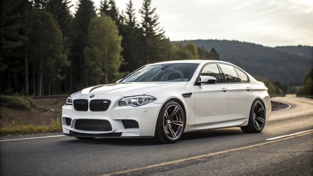 white bmw m5 on mountain road