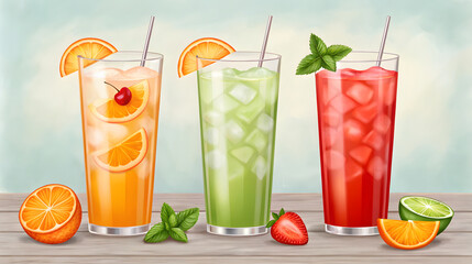 Three refreshing colorful iced drinks with fruit garnishes