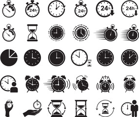 Collection of clock and time related icons silhouette