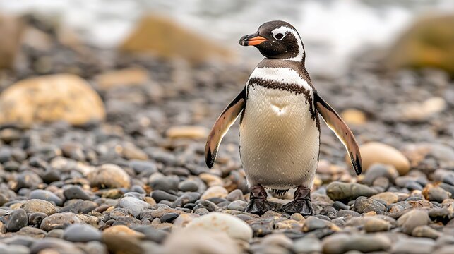 African penguin waddling on a rocky beach, coastal, unique species
