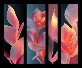 the image consists of four vertical panels displaying stylized floral abstractions with delicate linework