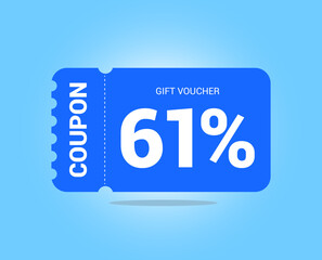 61% coupon promotion sale. Sixty one percent Vector Gift Voucher. Blue discount, lucky ticket, special offer promo. Web, shopping label, percent sign. Special price offers.