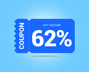 62% coupon promotion sale. Sixty two percent Vector Gift Voucher. Blue discount, lucky ticket, special offer promo. Web, shopping label, percent sign. Special price offers.