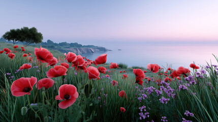 A field of red flowers with a blue sky in the background