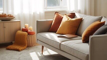 Cozy living room scene with plush orange and terracotta accent pillows on a neutral sofa