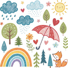 Multi colored crayon drawn childish vector icons. Clouds, rainy weather stickers, umbrellas, rainbow, forest elements