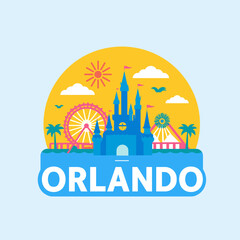 Playful Orlando emblem with blue castle, Ferris wheel, palm trees, circus tent and sunset background