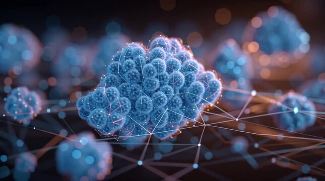 3D graphic of interconnected cloud data clusters, symbolizing secure cloud storage and global network computing