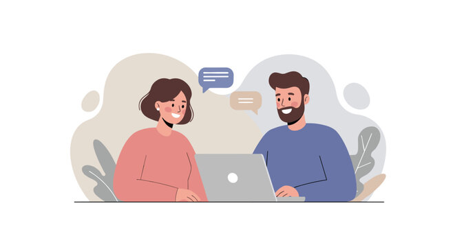 Flat design of two people chatting while working on a laptop with spee