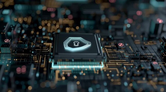A glowing digital shield protecting a circuit board, symbolizing advanced cybersecurity and robust IT data protection systems.