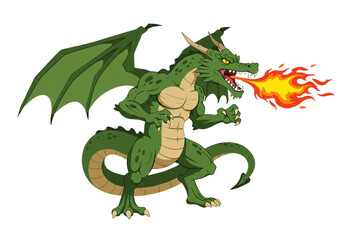 Obraz premium Winged Green Dragon Breathing Fire – Powerful Fantasy Creature with Scales, Claws, and Horns