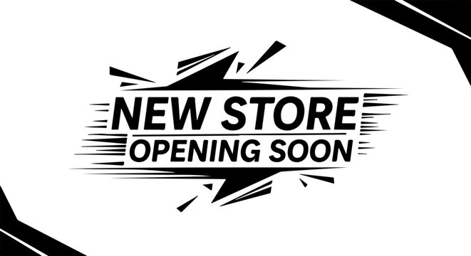 Vector art of new store opening soon announcement with bold text and abstract design elements