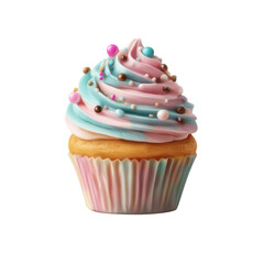 Whimsical cupcake with pink and blue frosting and colorful sprinkles on black